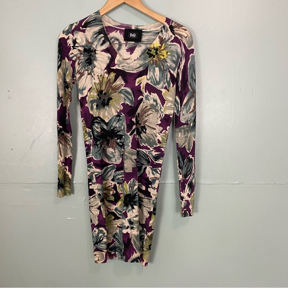 Dolce & Gabbanna Wool Floral Sweater Dress Purple Blue‎ IT 38 or US 2